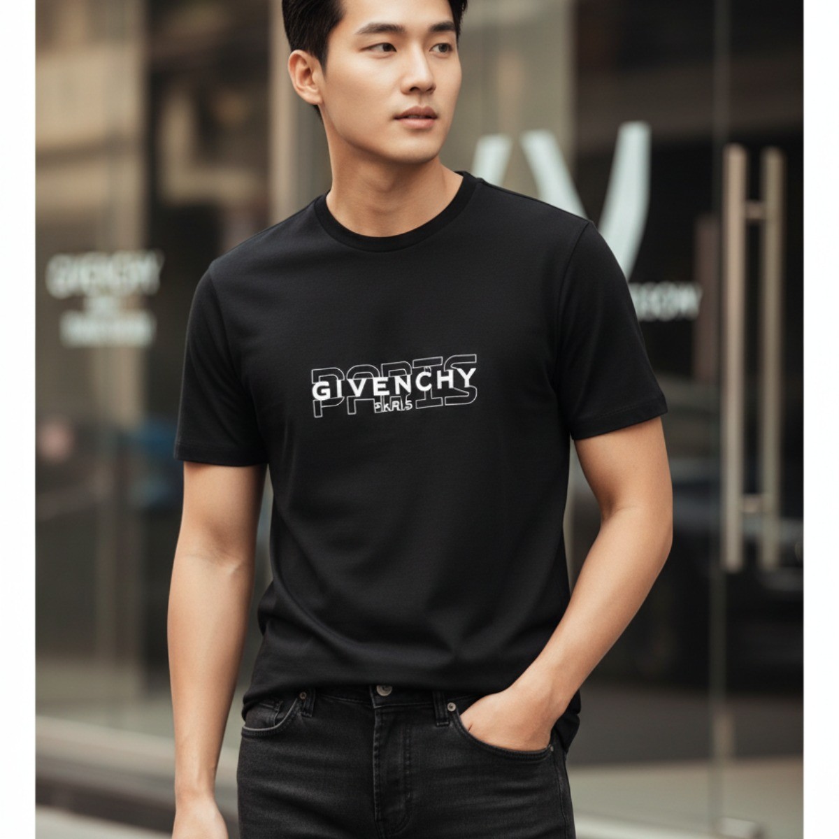 ÁO PHÔNG GIVENCHY ĐEN CHỮ TRẮNG BM70SS3002 001