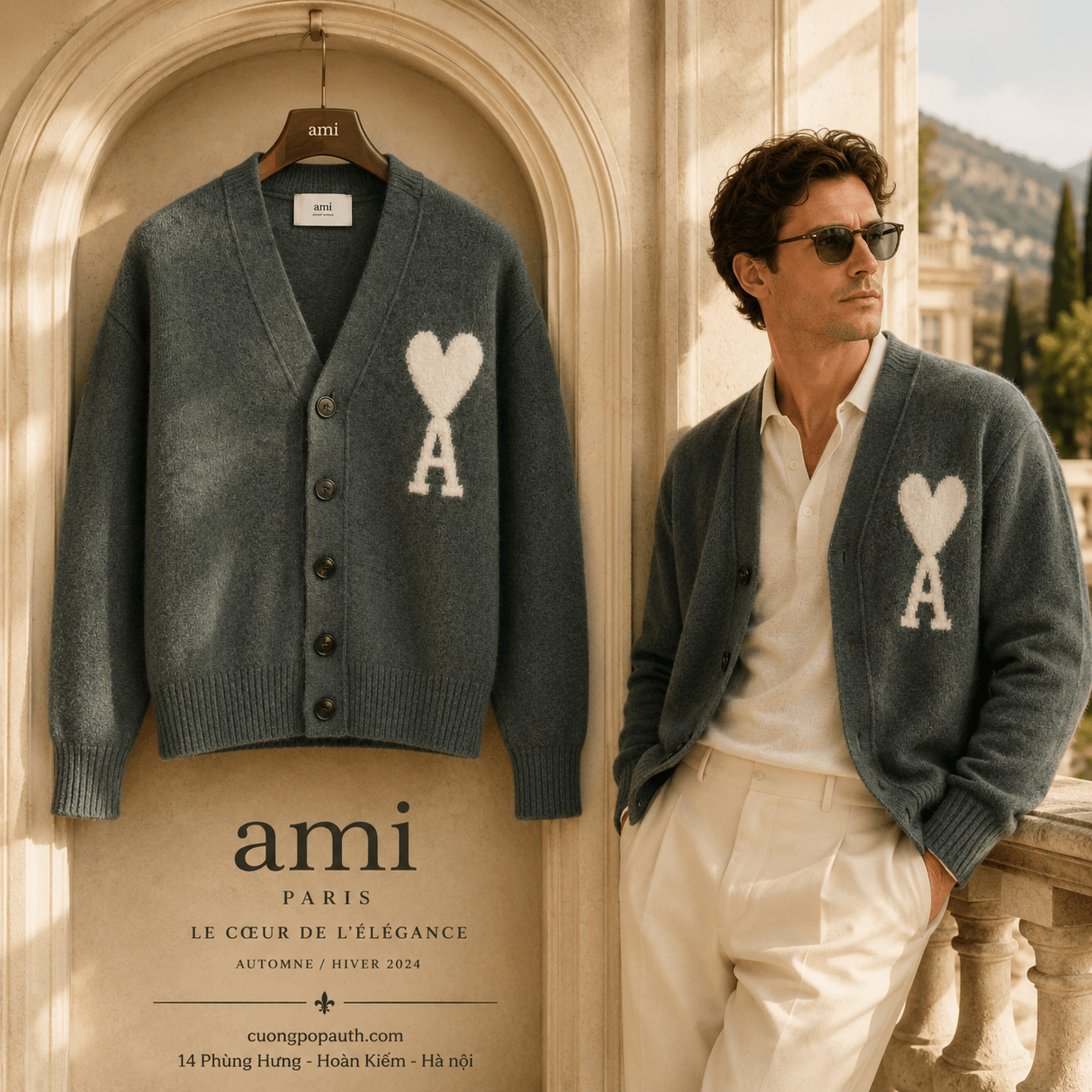 ÁO CARDIGAN AMI GREEN TRÁI TIM NGỰC UKC025 KN0032