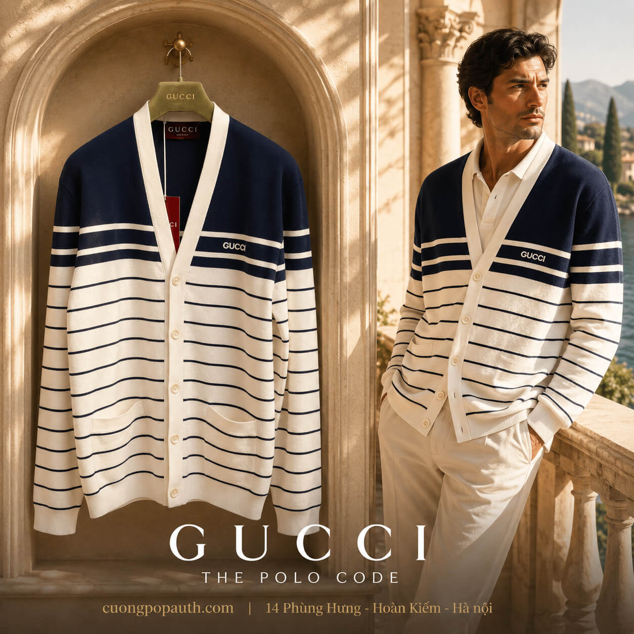 ÁO CARDIGAN GUCCI TRẮNG KẺ ĐEN 814877 XKEJ9 9214