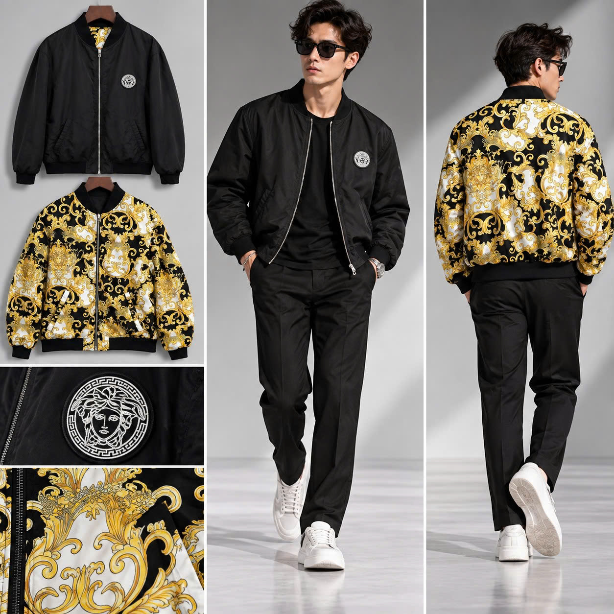 ÁO KHOÁC VERSACE ĐEN HOA VĂN VÀNG 2 MẶT LN026 LIKE NEW