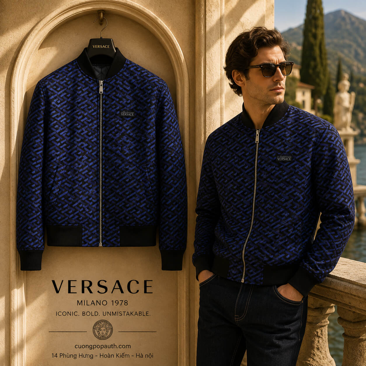 ÁO KHOÁC VERSACE ĐEN KẺ NAVY 1019099 1A15950 1U930N