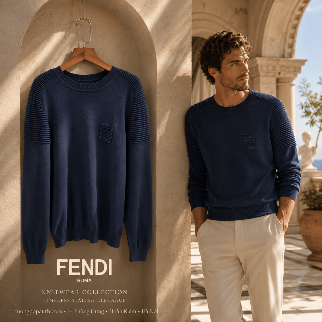 ÁO LEN FENDI NAVY CHỮ NGỰC FAE525 A90QS F0QG0