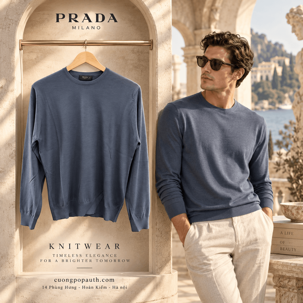 ÁO LEN PRADA NAVY SỢI CASHMERE UMM984