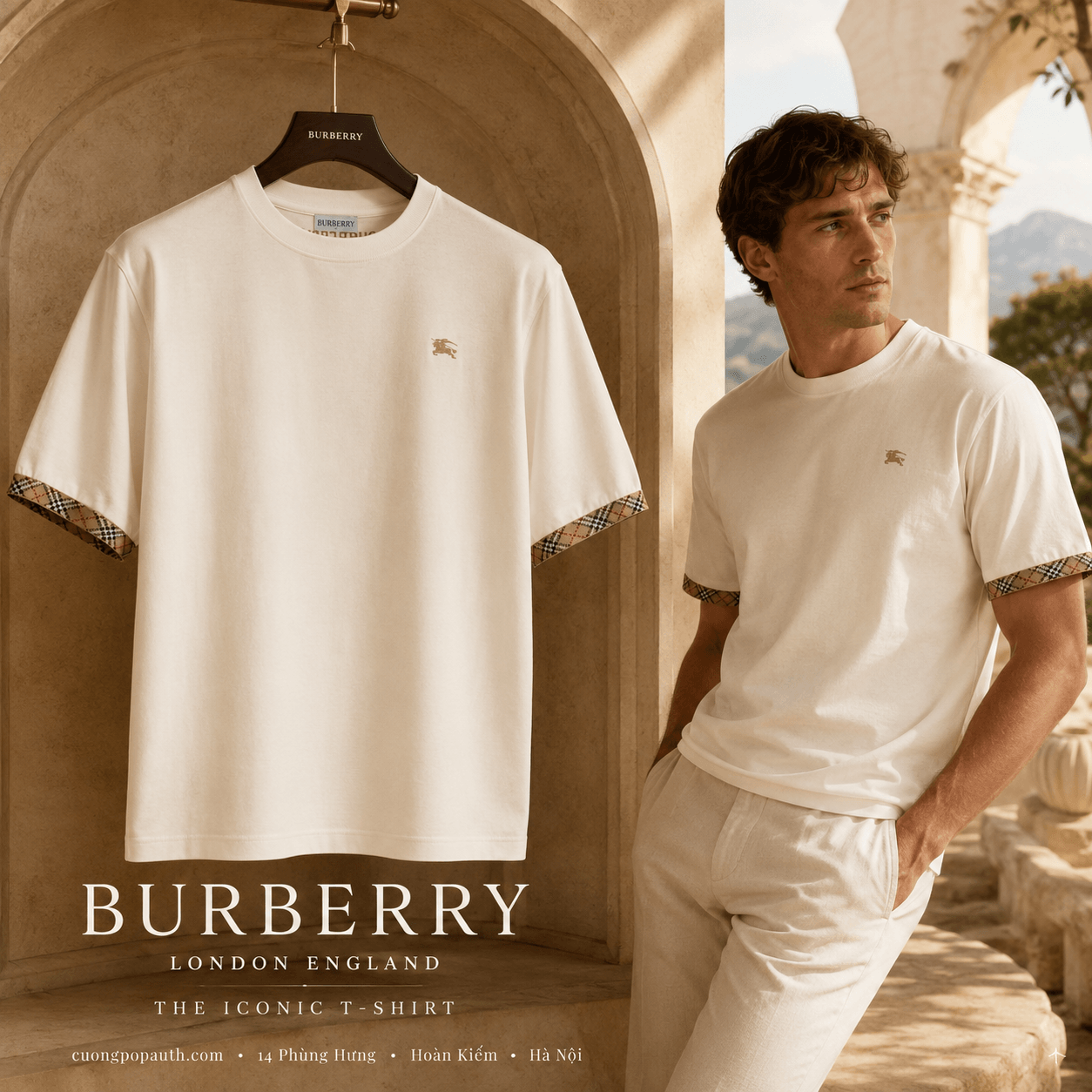 ÁO PHÔNG BURBERRY TRẮNG CHECK CỔ TAY 8123491