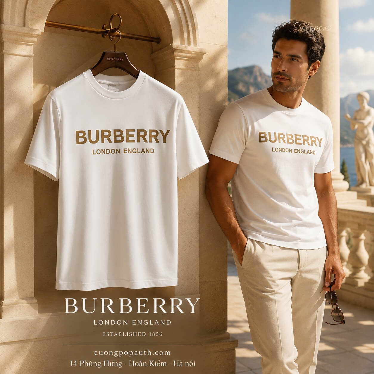 ÁO PHÔNG BURBERRY TRẮNG CHỮ NÂU 8104234