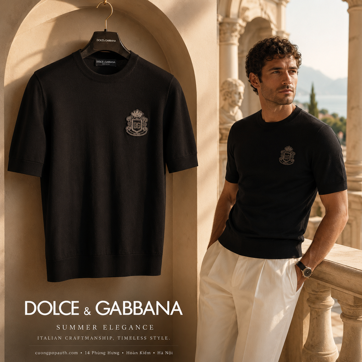ÁO PHÔNG DOLCE ĐEN SỢI CASHMERE THÊU VƯƠNG MIỆN GXX03Z JBCIU N0000