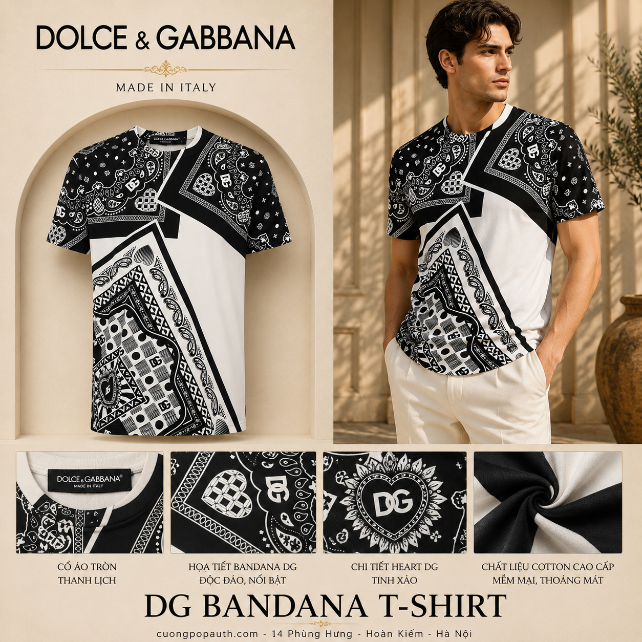 ÁO PHÔNG DOLCE TRẮNG HOA VĂN VẠCH CHÉO G8KBATG7DDJS9000