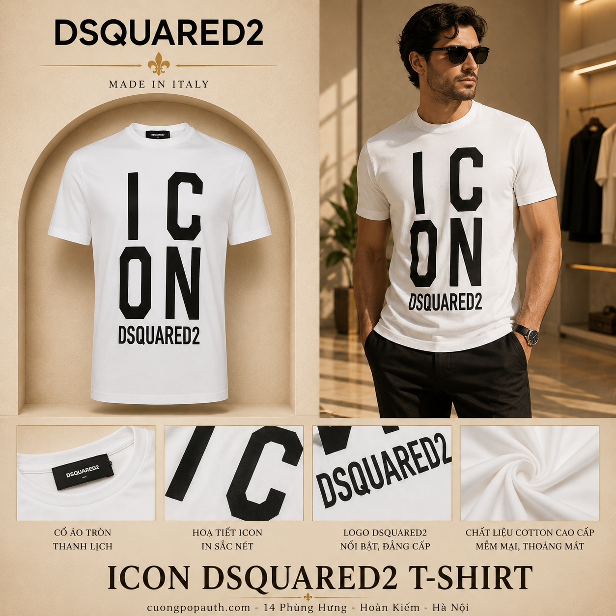 ÁO PHÔNG DQUARED2 TRẮNG ICON S79GC0077S23009