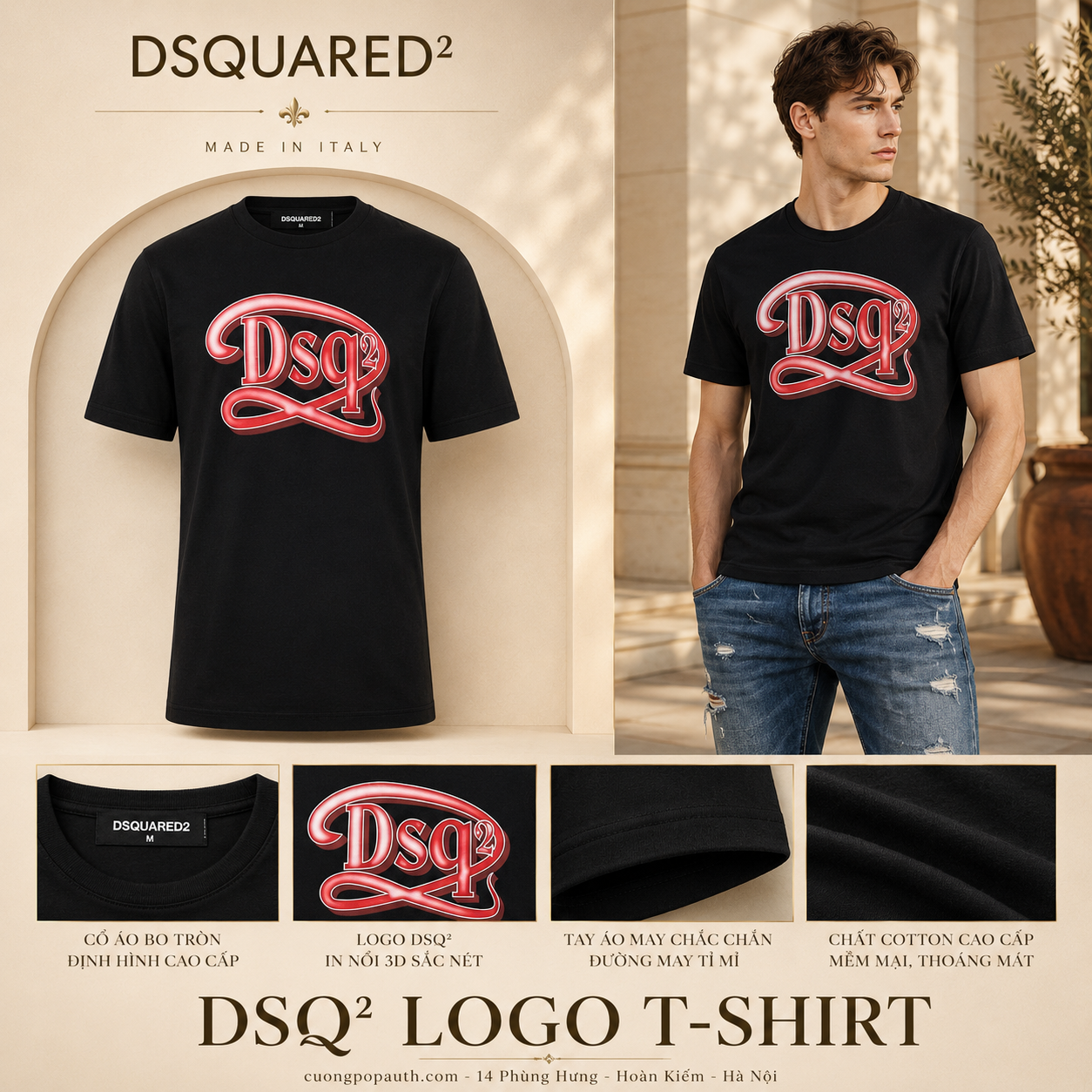 ÁO PHÔNG DSQUARED2 ĐEN CHỮ ĐỎ S71GD1387 D20020 900