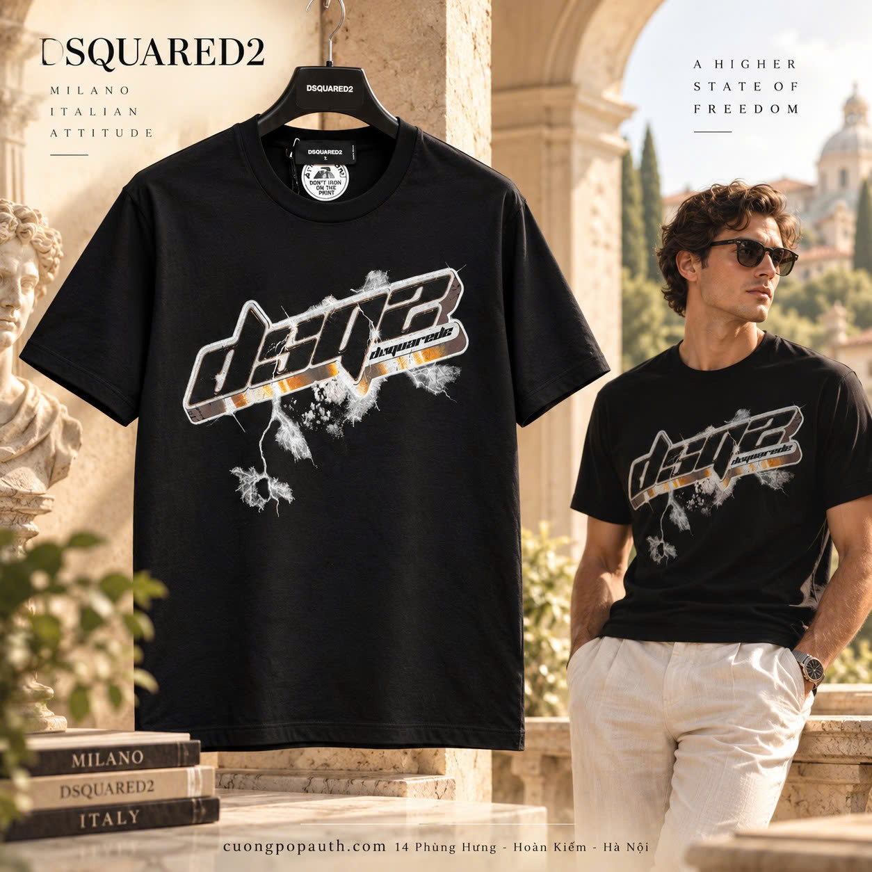 ÁO PHÔNG DSQUARED2 ĐEN CHỮ NGỰC K10922