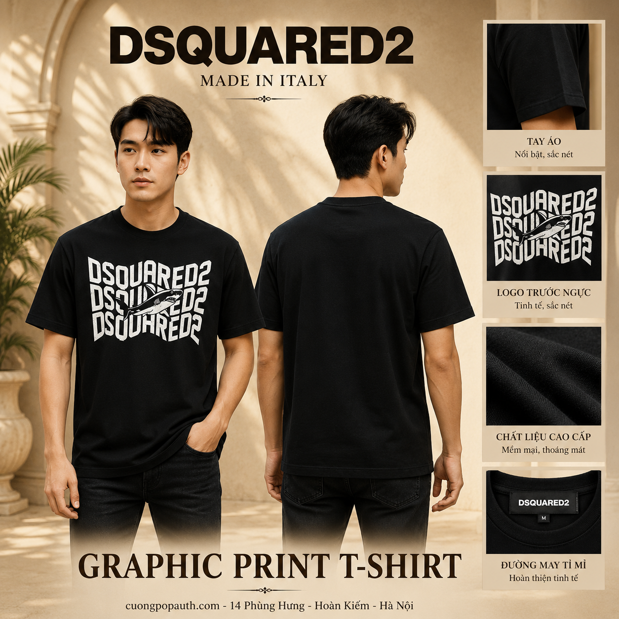 ÁO PHÔNG DSQUARED2 ĐEN CHỮ TRẮNG S74GD1089 S23009 900