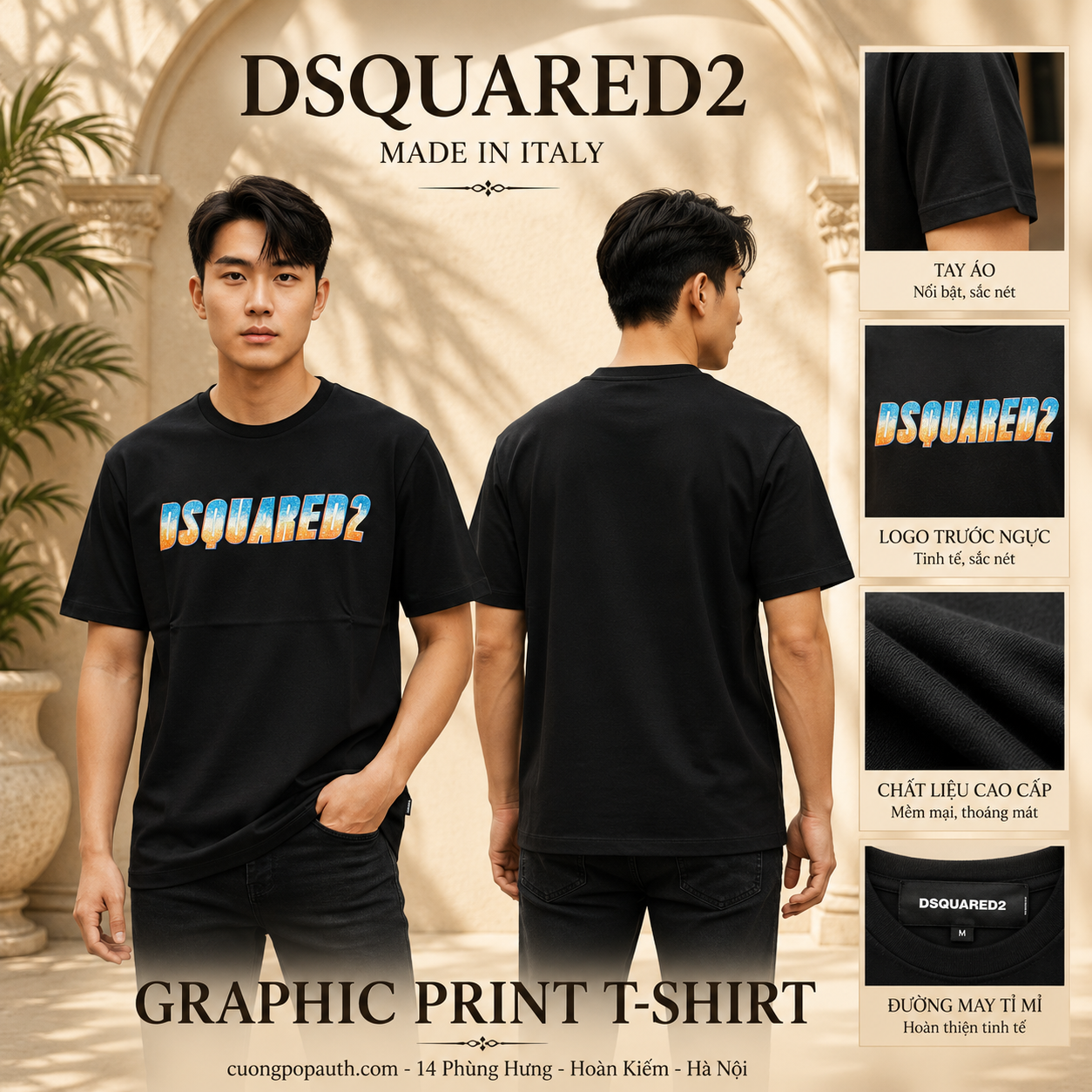 ÁO PHÔNG DSQUARED2 ĐEN HOẠ TIẾT CHỮ NGỰC S74GD1156 S23009 900