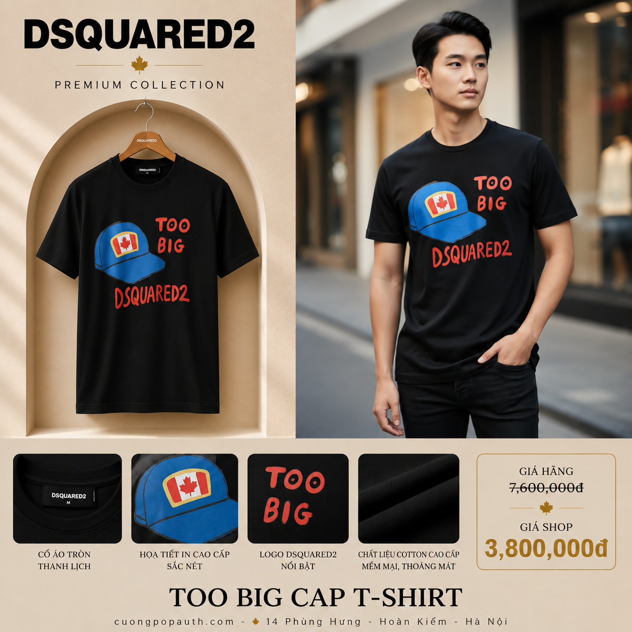 ÁO PHÔNG DSQUARED2 ĐEN MŨ XANH S71GD1185 S23009 900