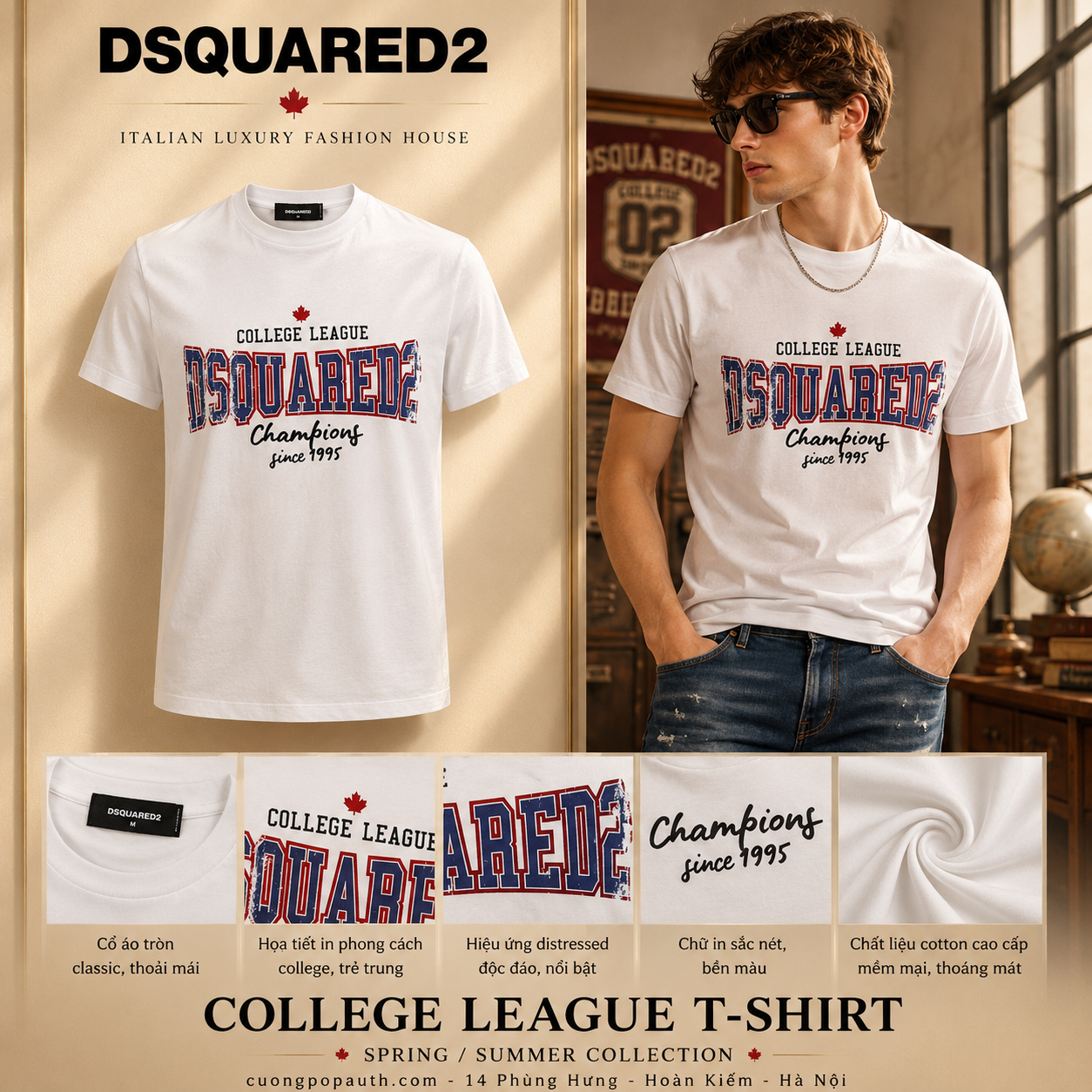 ÁO PHÔNG DSQUARED2 TRẮNG CHỮ XANH S74GD1258 D20014 100