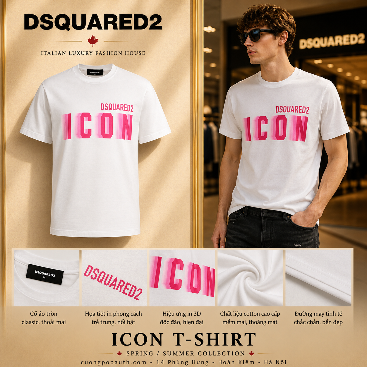 ÁO PHÔNG DSQUARED2 TRẮNG ICON HỒNG S79GC0082 S23009 967X
