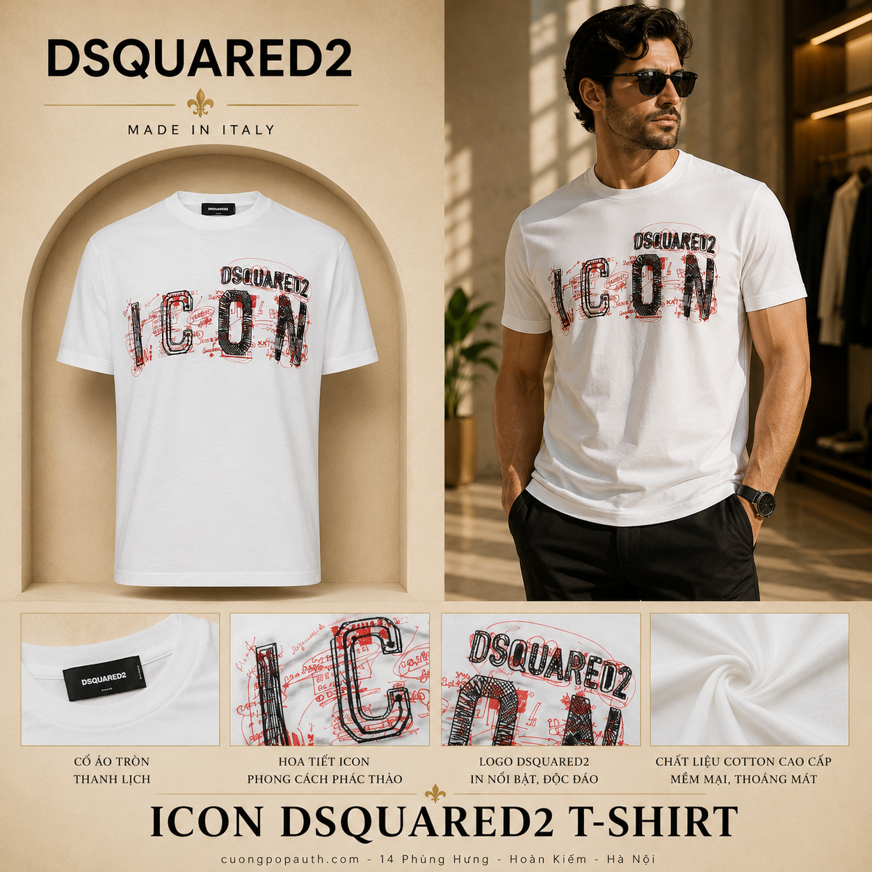 ÁO PHÔNG DSQUARED2 TRẮNG ICON S79GC0084S23009100