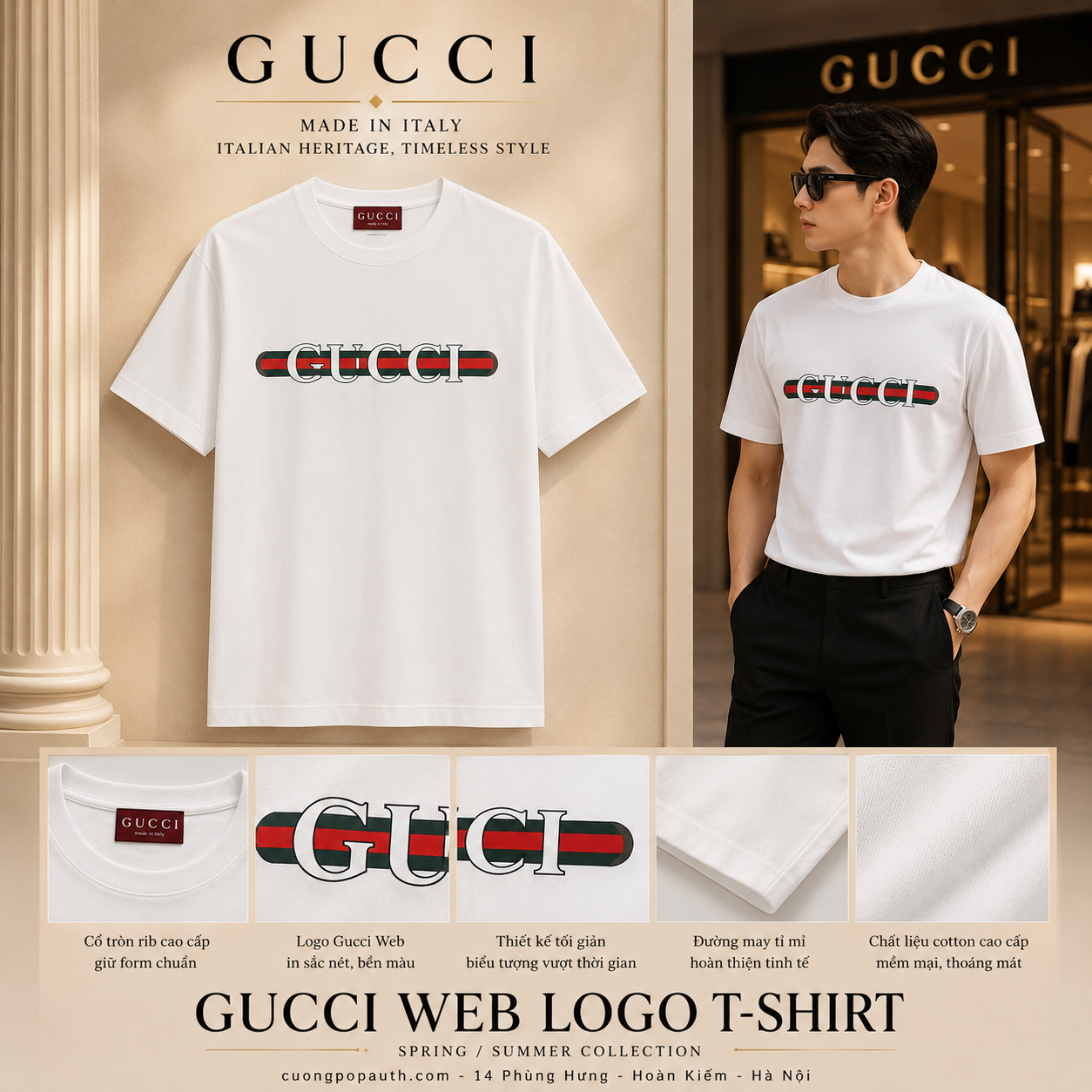ÁO PHÔNG GUCCI TRẮNG VẠCH CỜ 784361 XJGKB 9074