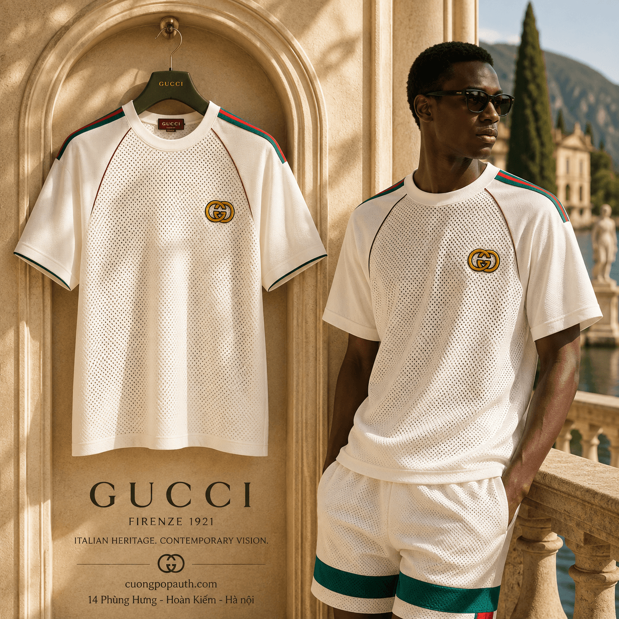 ÁO PHÔNG GUCCI VẠCH CỜ VAI 737402 XJFFM 9791