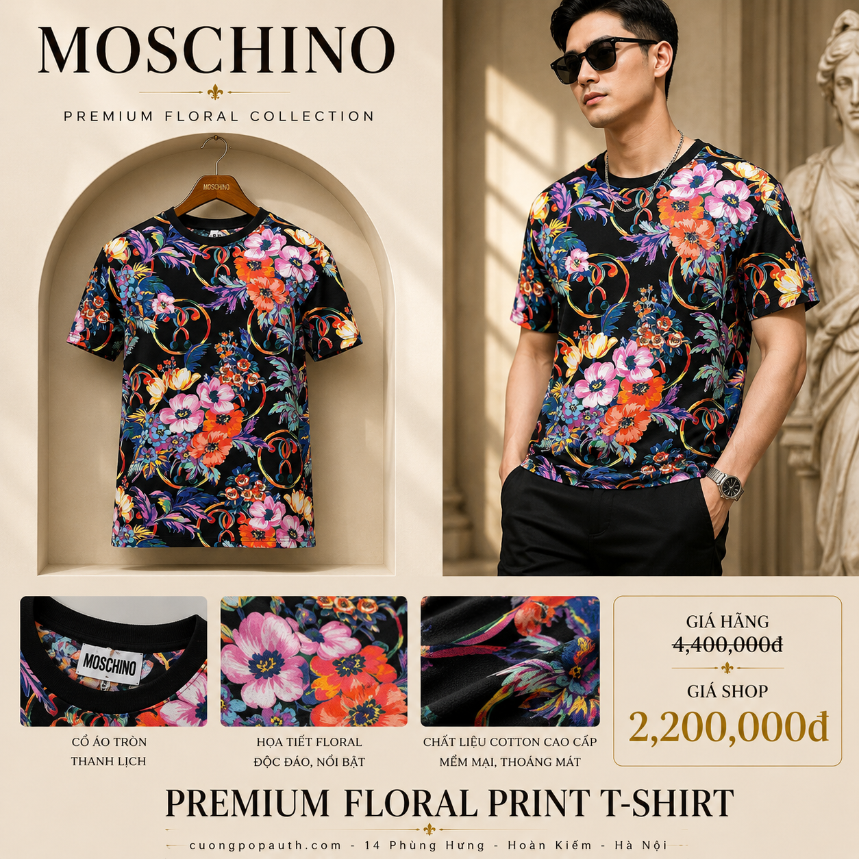 ÁO PHÔNG MOSCHINO ĐEN NHIỀU HOA 12637018EI