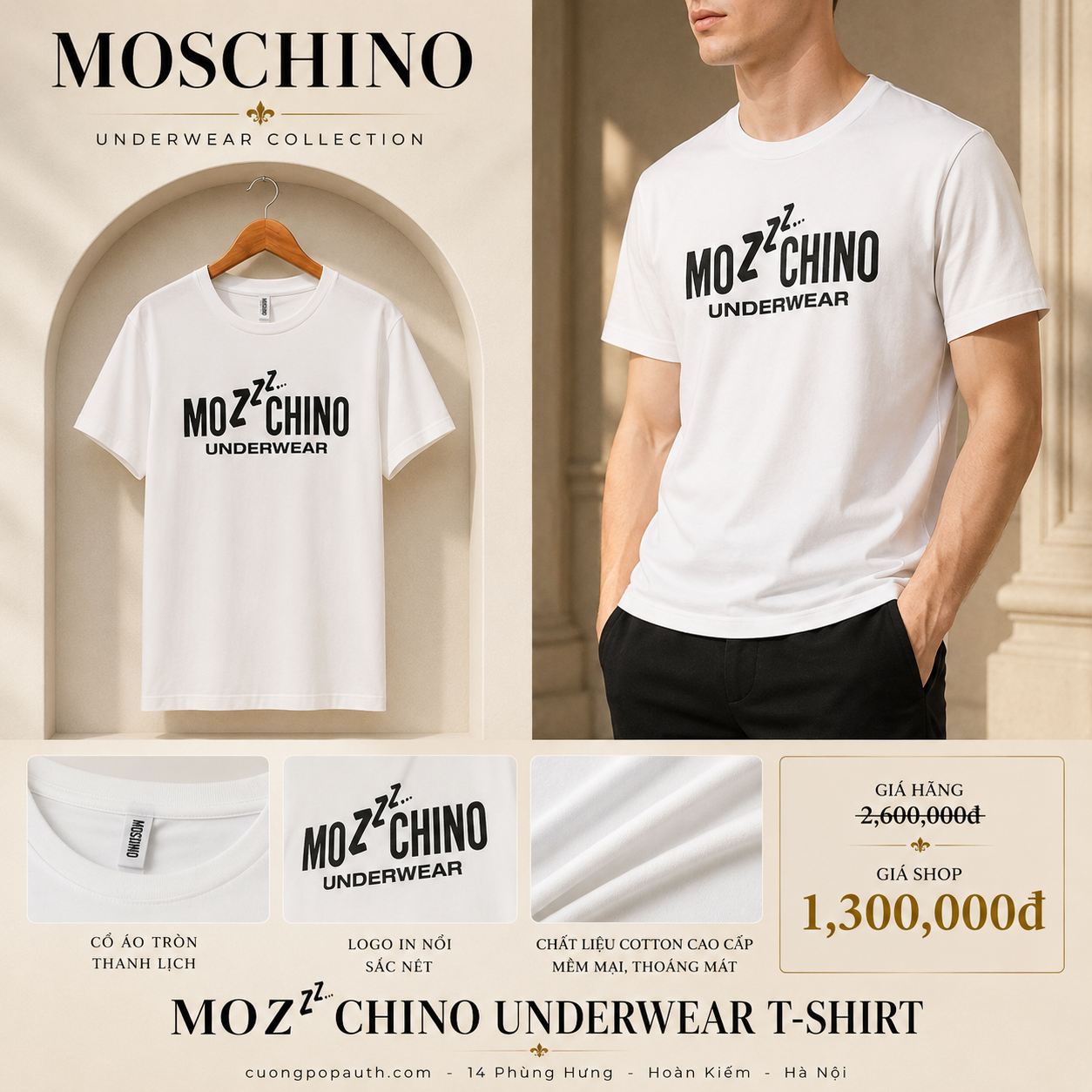 ÁO PHÔNG MOSCHINO TRẮNG CHỮ ĐEN NGỰC T191681020001