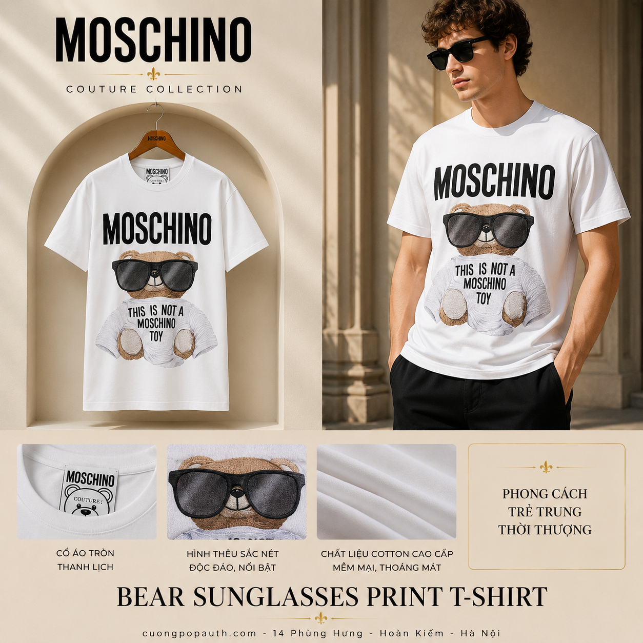 ÁO PHÔNG MOSCHINO TRẮNG GẤU ĐEO KÍNH T070252402001