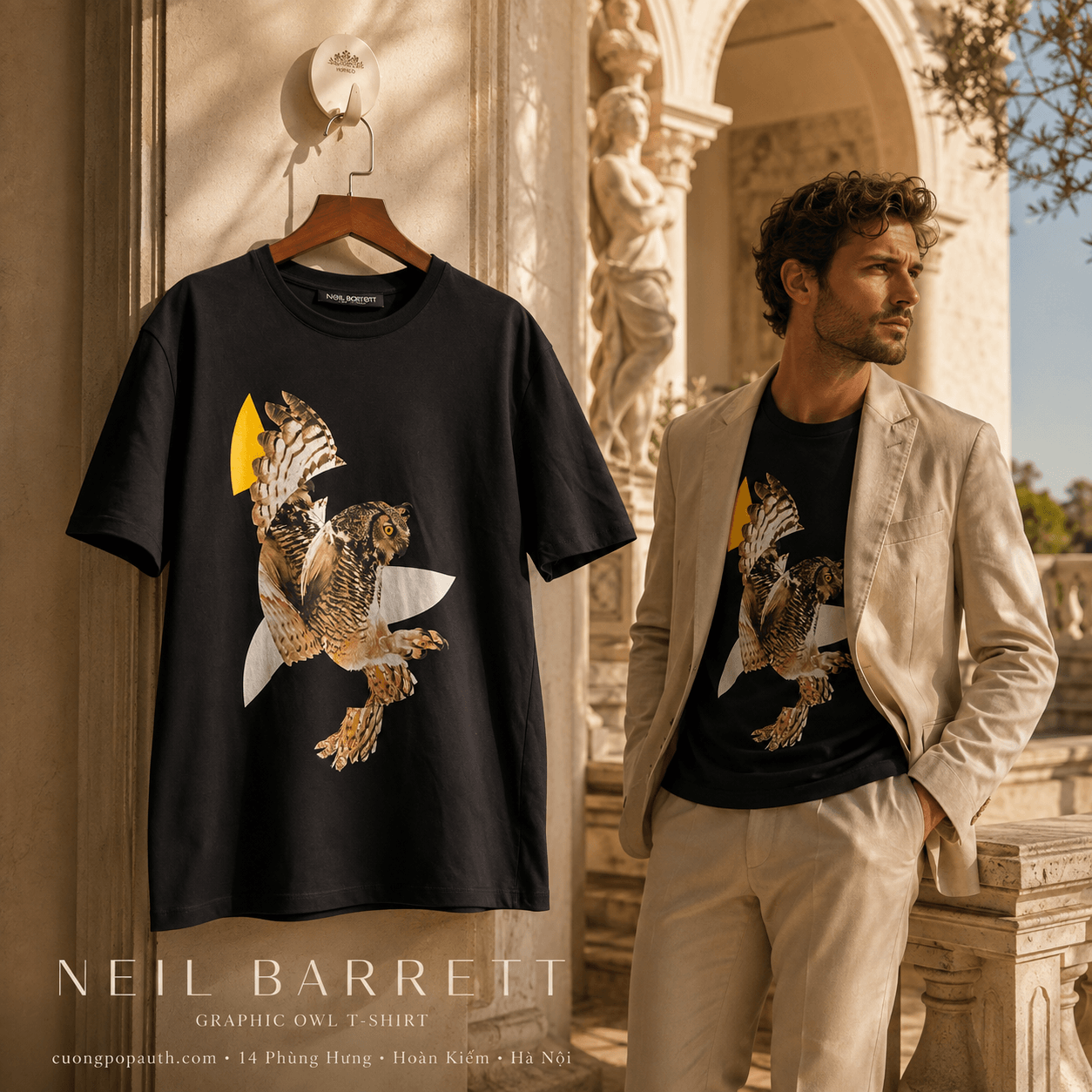 ÁO PHÔNG NEILL BARRETT ĐEN HOẠ TIẾT RBJT182A