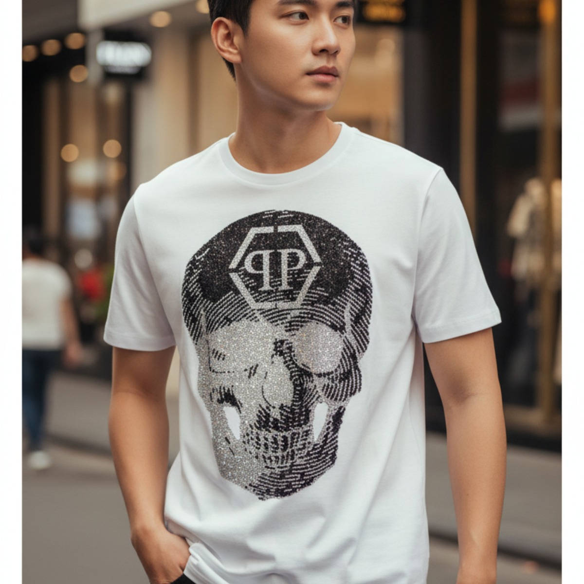 ÁO PHÔNG PHILIPP PLEIN TRẮNG HỌA TIẾT AABC-MTK5893-PJY002N_01