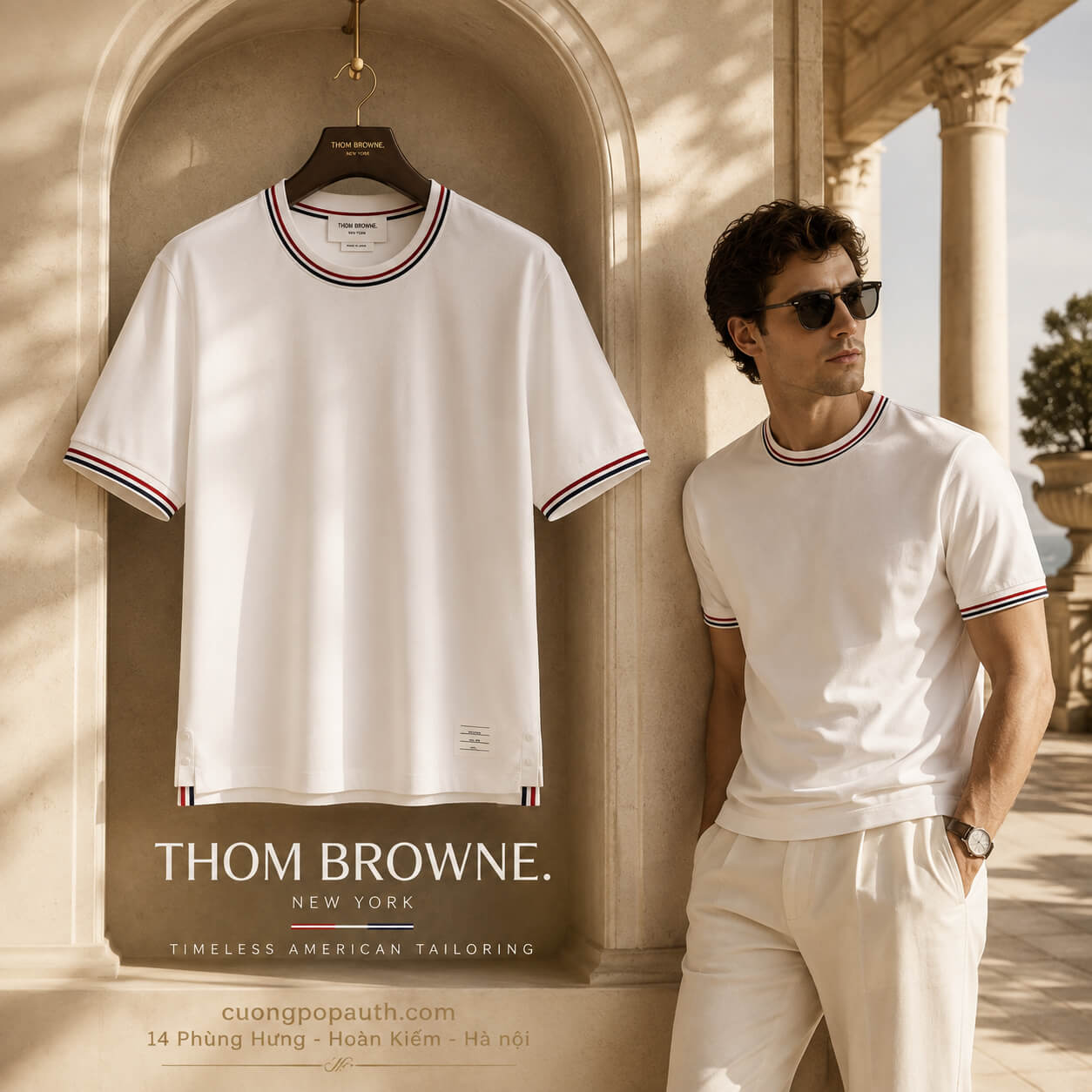 ÁO PHÔNG THOM BROWNE TRẮNG VẠCH CỞ MJS231A-J005