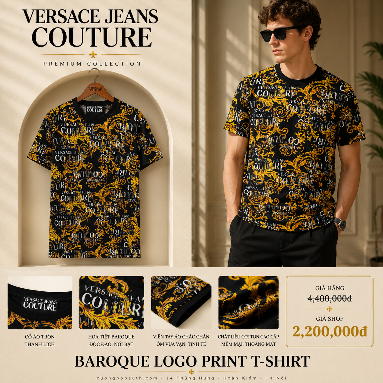 ÁO PHÔNG VERSACE ĐEN HOA VĂN VÀNG 74GAH6S0JS161G89