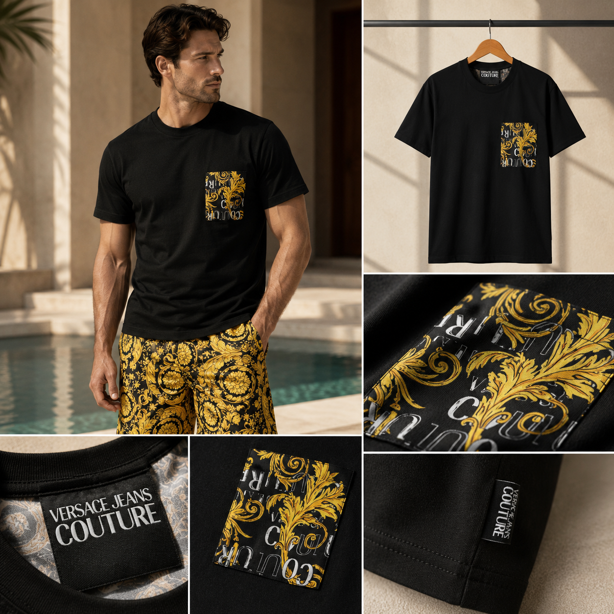 ÁO PHÔNG VERSACE ĐEN TÚI NGỰC HỌA TIẾT VÀNG 74GAH6R0JS161G89