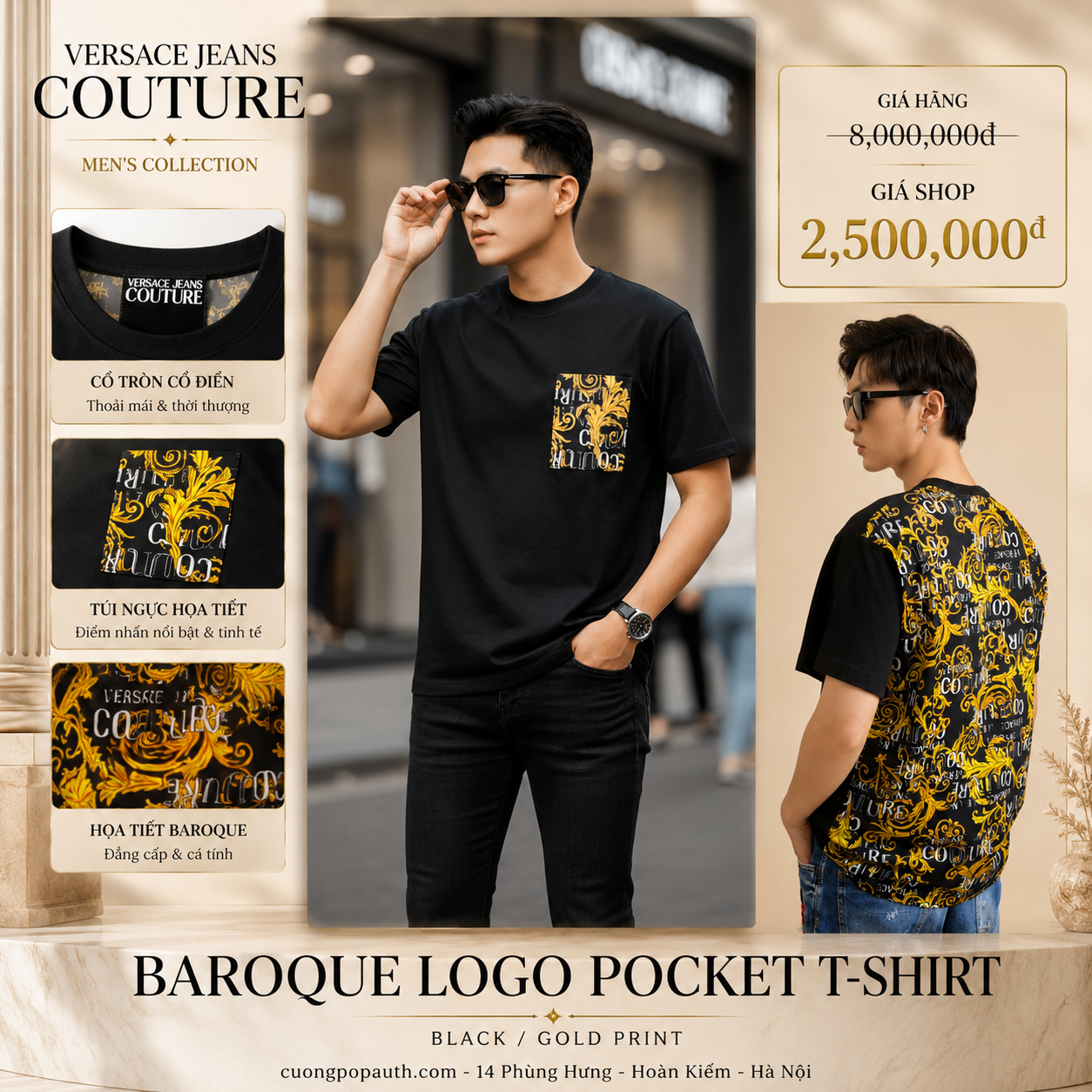 ÁO PHÔNG VERSACE ĐEN TÚI NGỰC HỌA TIẾT VÀNG 74GAH6R0JS161G89