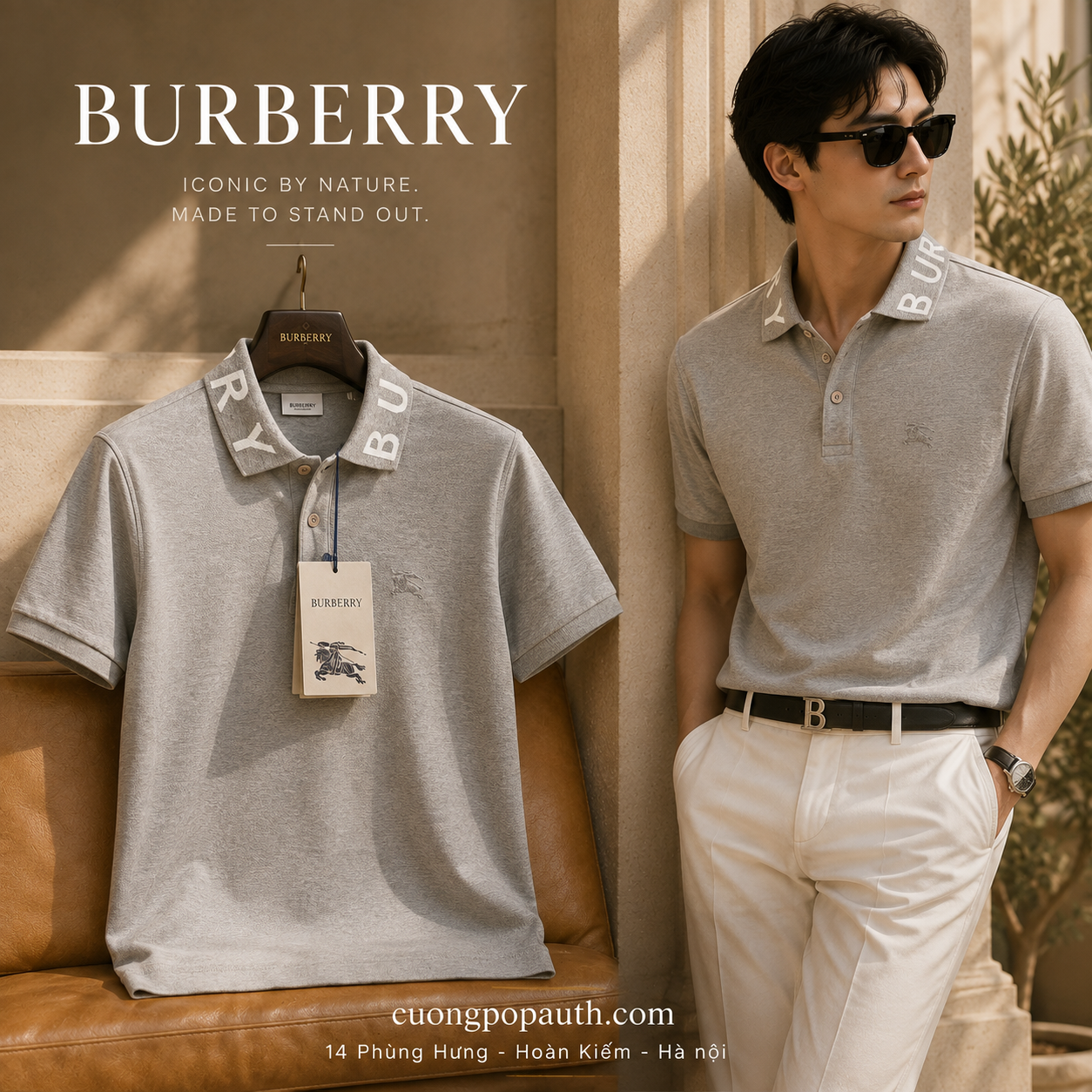 ÁO POLO BURBERRY XÁM CHỮ CỔ K960