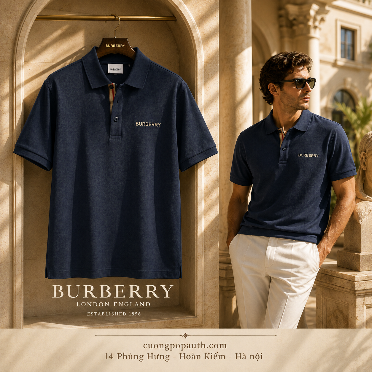 ÁO POLO BURBERRY XANH NAVY CHỮ NGỰC K639