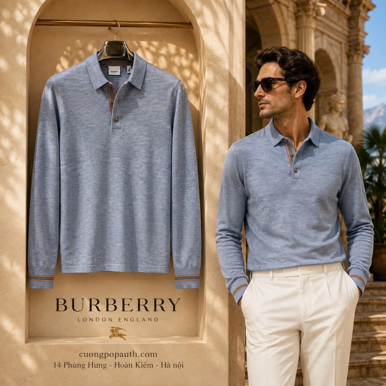 ÁO POLO DÀI TAY BURBERRY LEN MỎNG XANH ĐÁ K4432