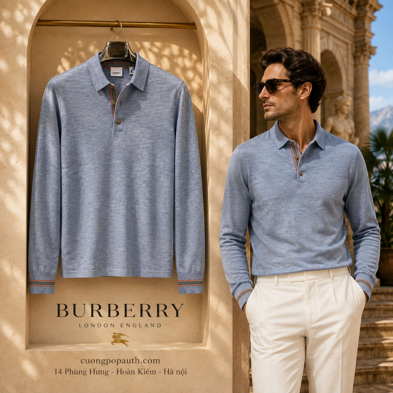 ÁO POLO DÀI TAY BURBERRY LEN MỎNG XANH ĐÁ K4432