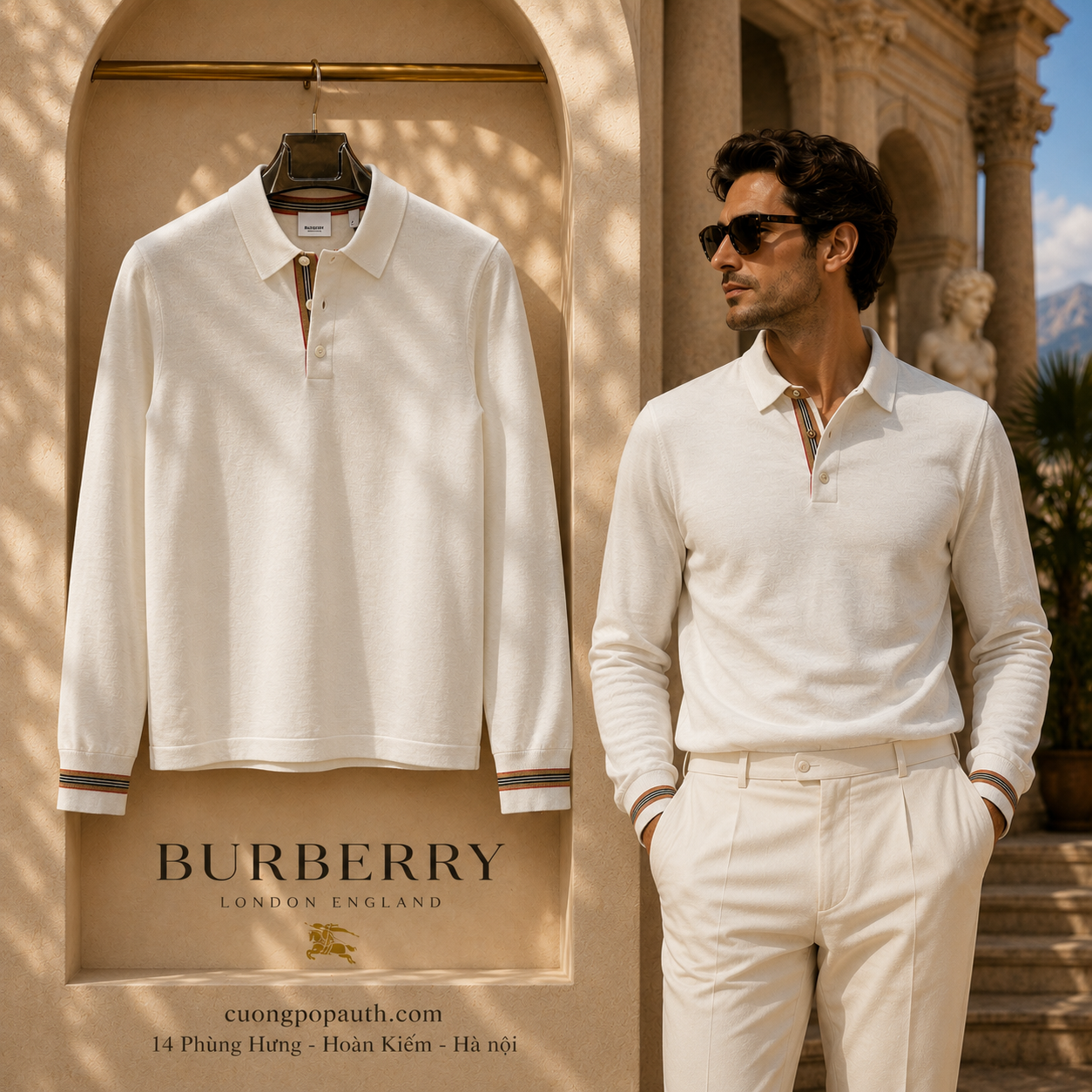 ÁO POLO DÀI TAY BURBERRY LEN MỎNG XANH SÁNG K1359