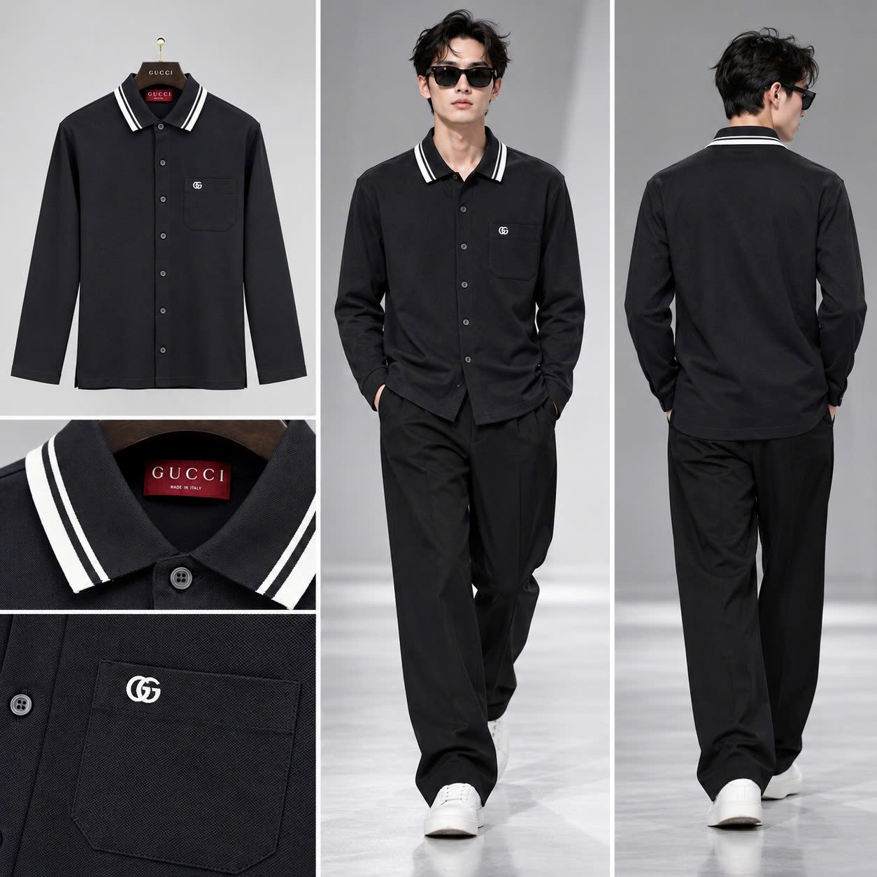 ÁO POLO GUCCI ĐEN DÀI TAY LOGO NGỰC T00029192834545