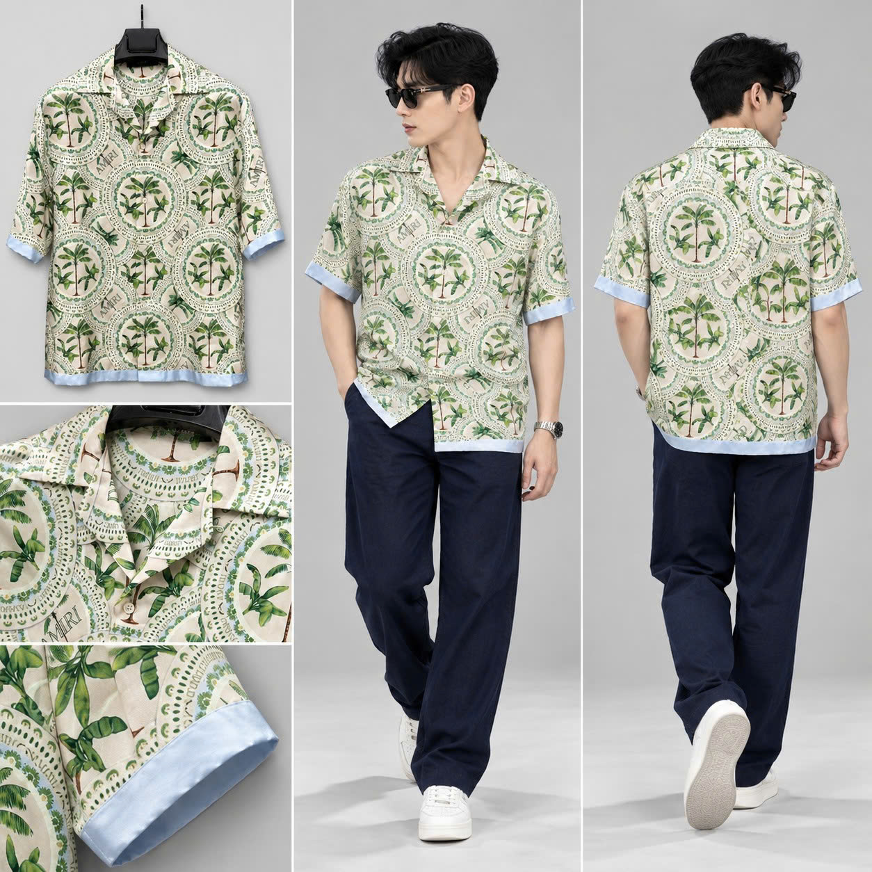 ÁO SƠ MI LỤA AMIRRI XANH HOẠ TIẾT LÁ T32235268989985