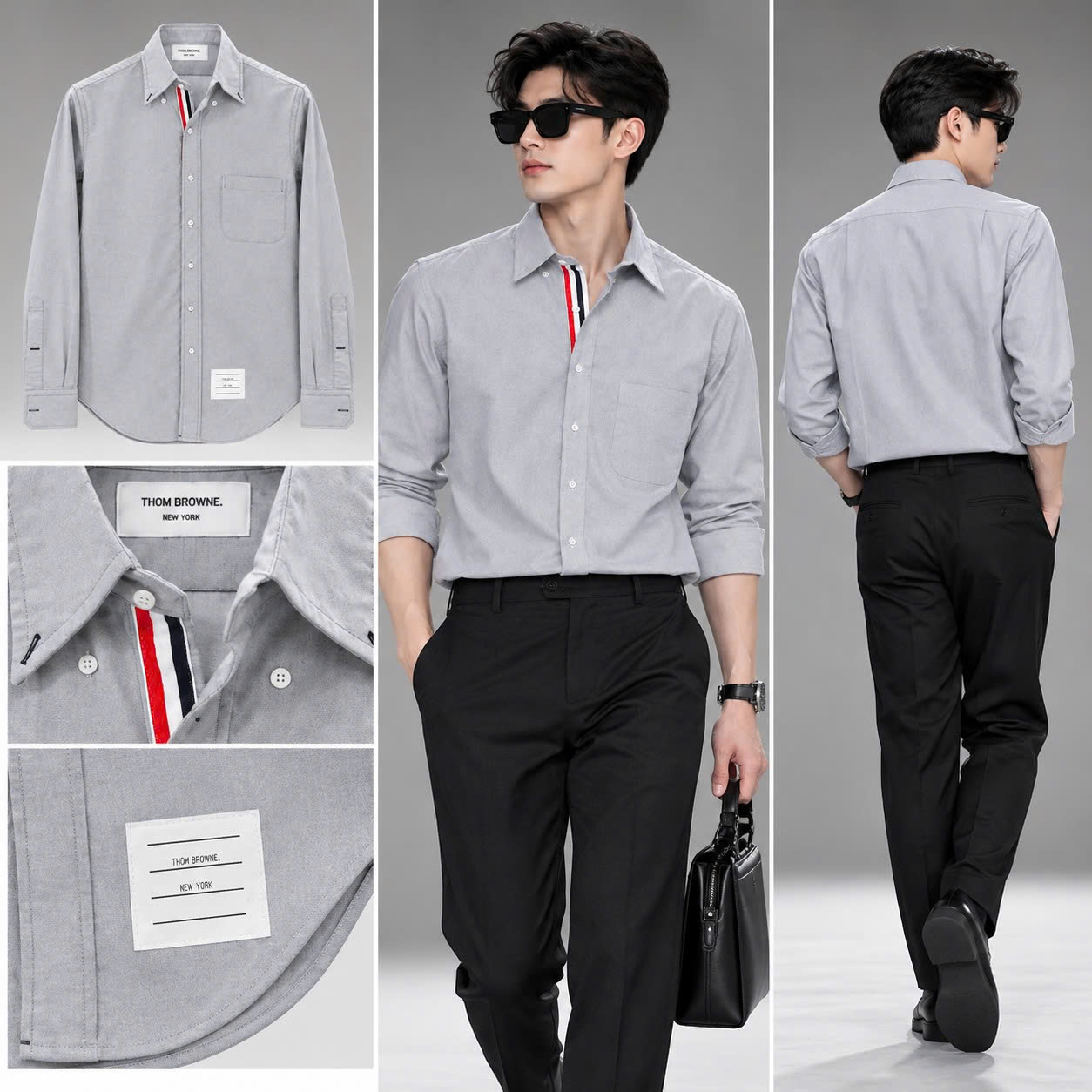 ÁO SƠ MI THOM BROWNE KẺ NGỰC GHI T019334888883091