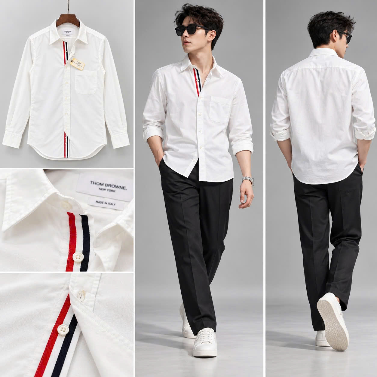 ÁO SƠ MI THOM BROWNE KẺ NGỰC TRẮNG T0193348888830111