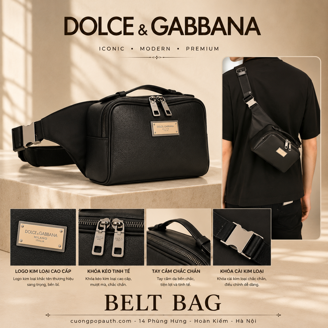 BELT BAG DOLCE ĐEN TAG GOLD BM2036AQ7568B956