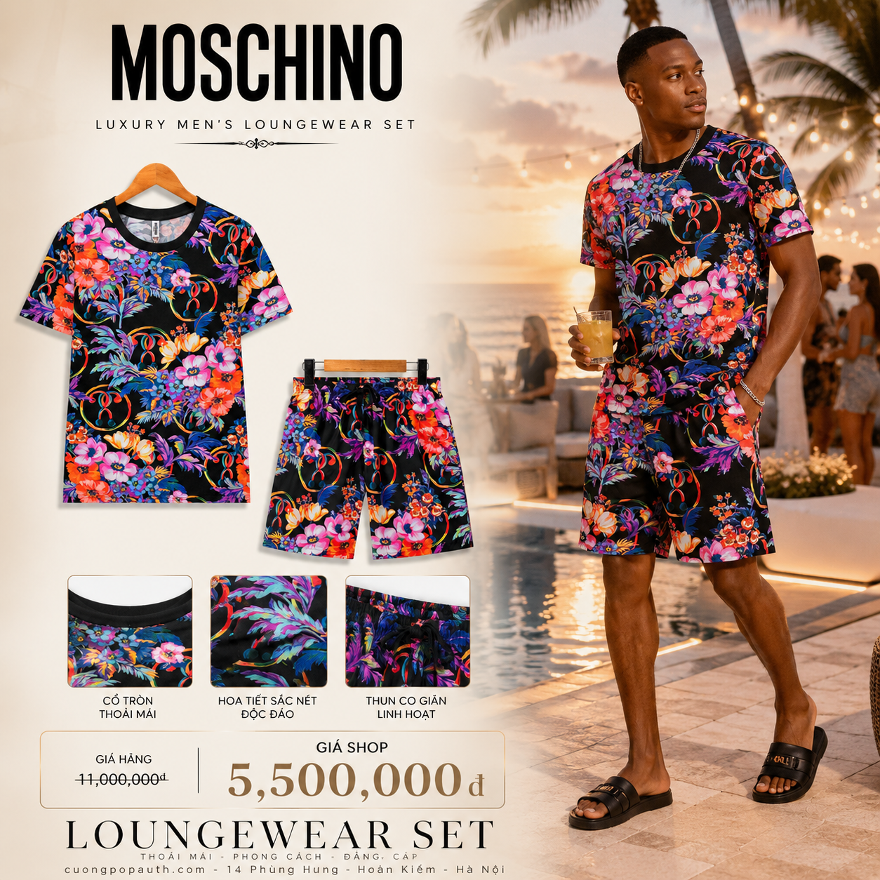 BỘ MOSCHINO HOA ĐEN QUẦN GIÓ MOS8788