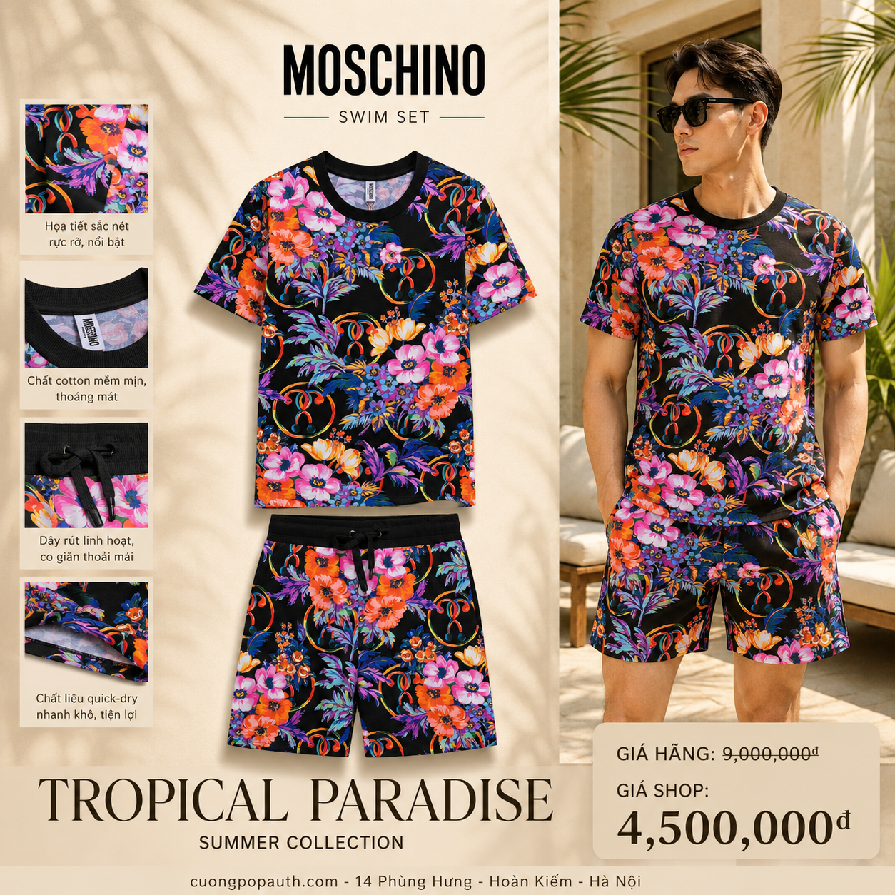 BỘ MOSCHINO HOA ĐEN QUẦN NỈ ĐAI ĐEN MOS8787