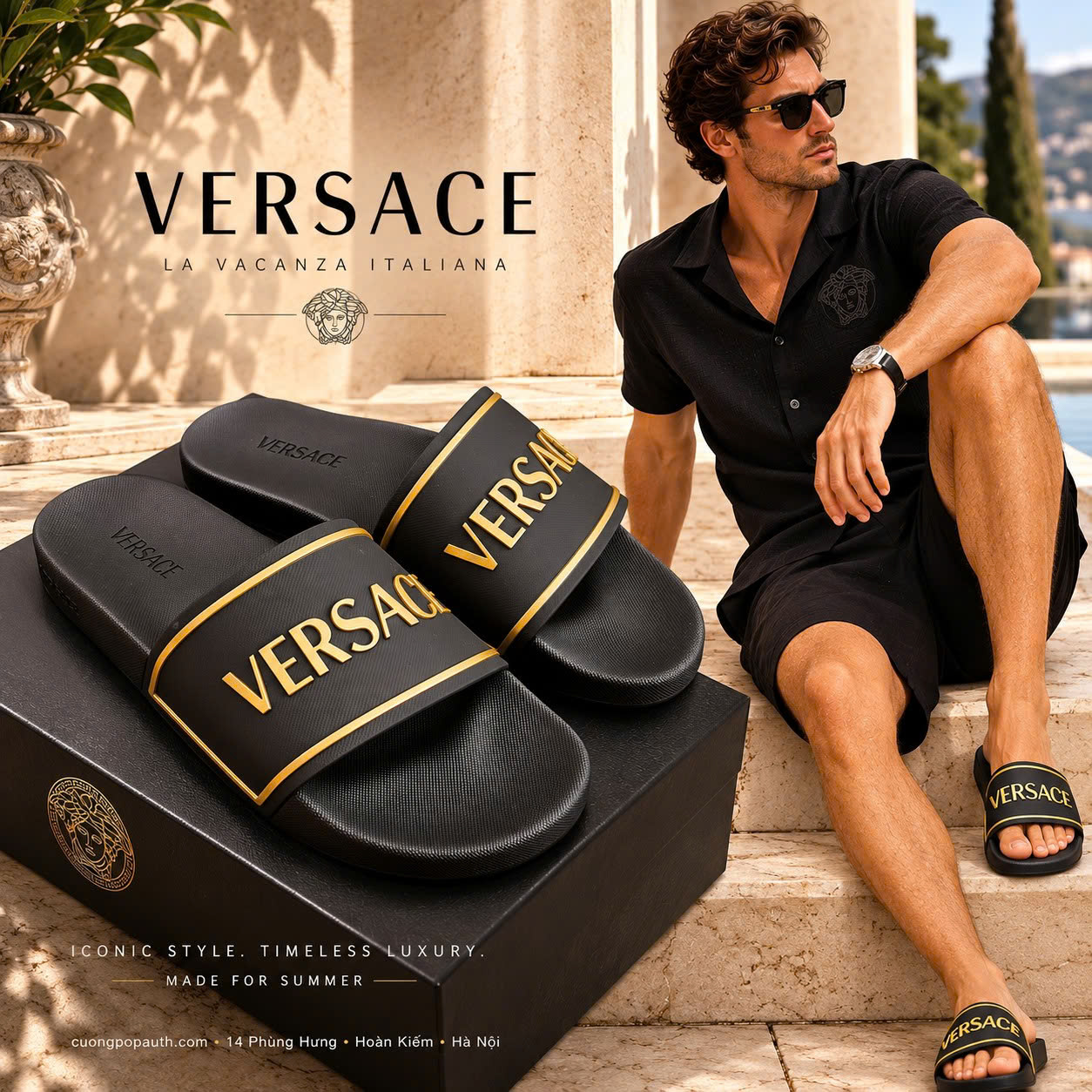 DÉP VERSACE ĐEN CHỮ VÀNG KT70