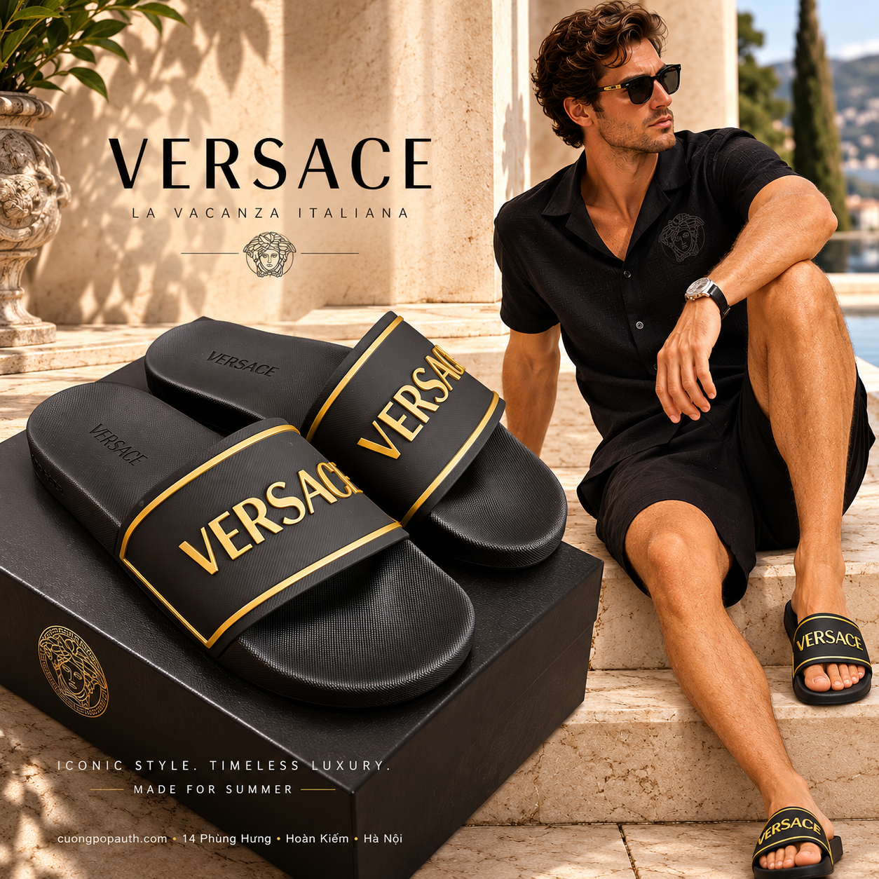 DÉP VERSACE ĐEN CHỮ VÀNG KT70