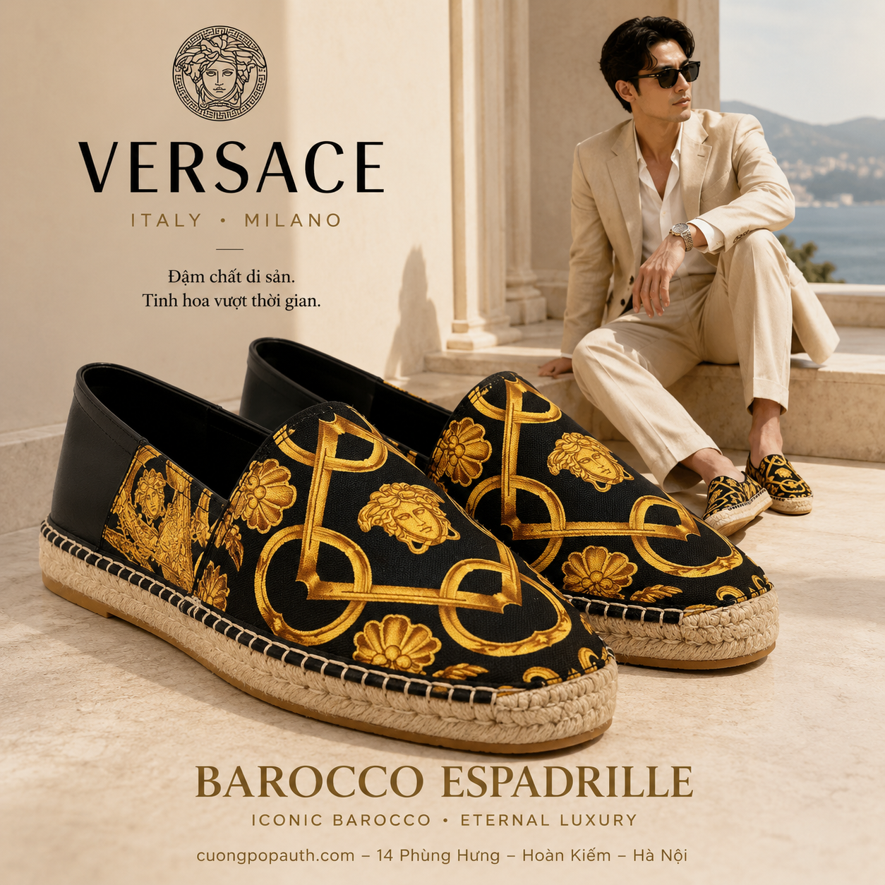 GIÀY CÓI VERSACE ĐEN HOA VĂN VÀNG 1014774 1A10335 5B000