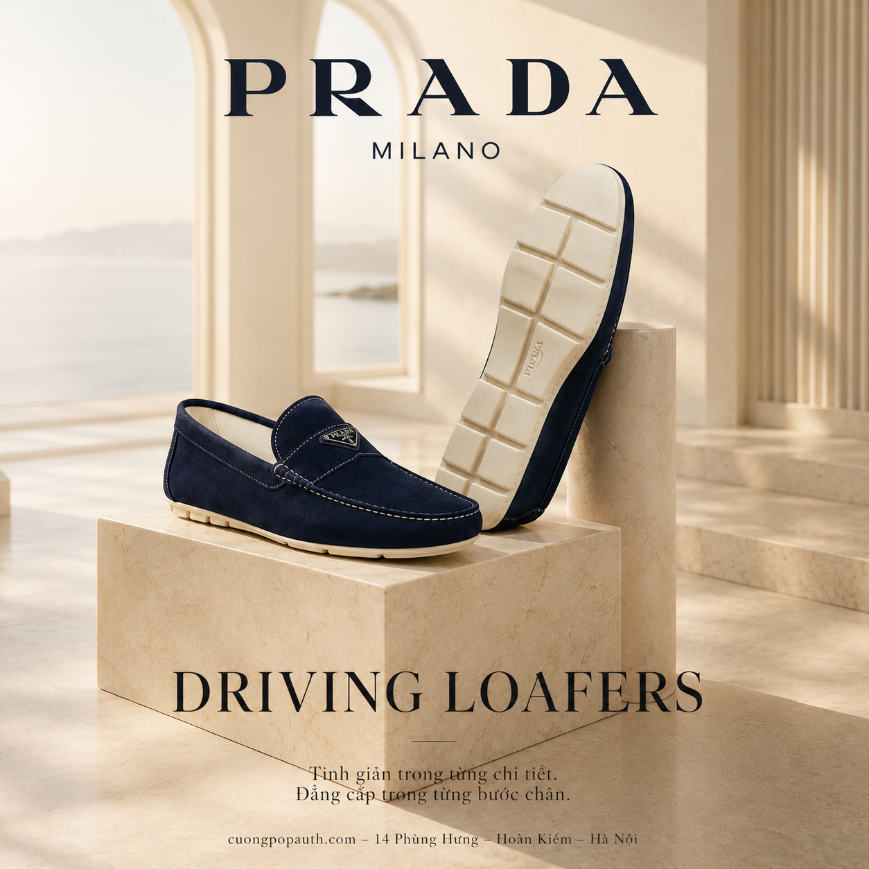 GIÀY MOCA PRADA NAVY TAG BẠC 216765303