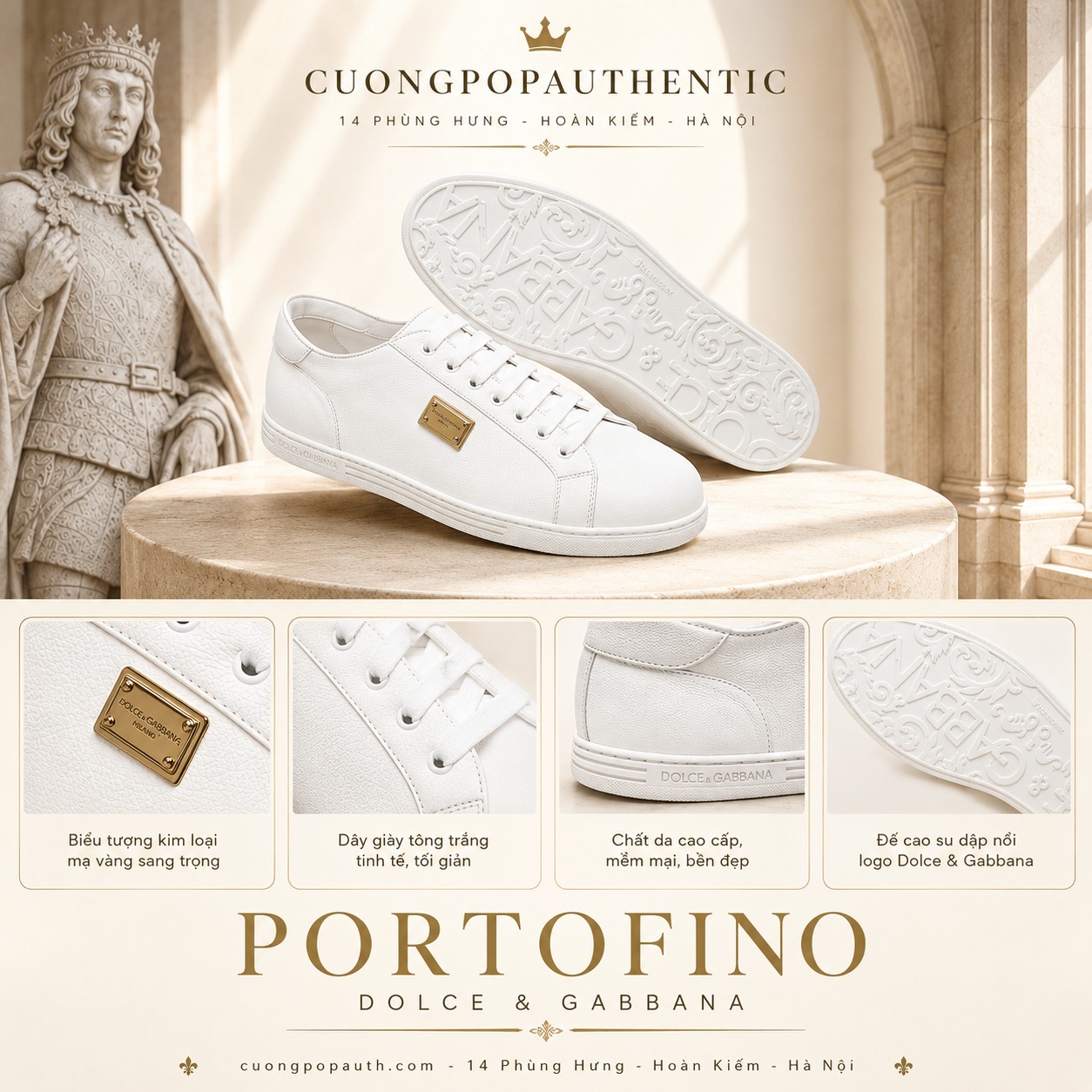 GIÀY SNEAKER DOLCE TRẮNG DA BÊ TAG GOLD CS1735 AN990 80002