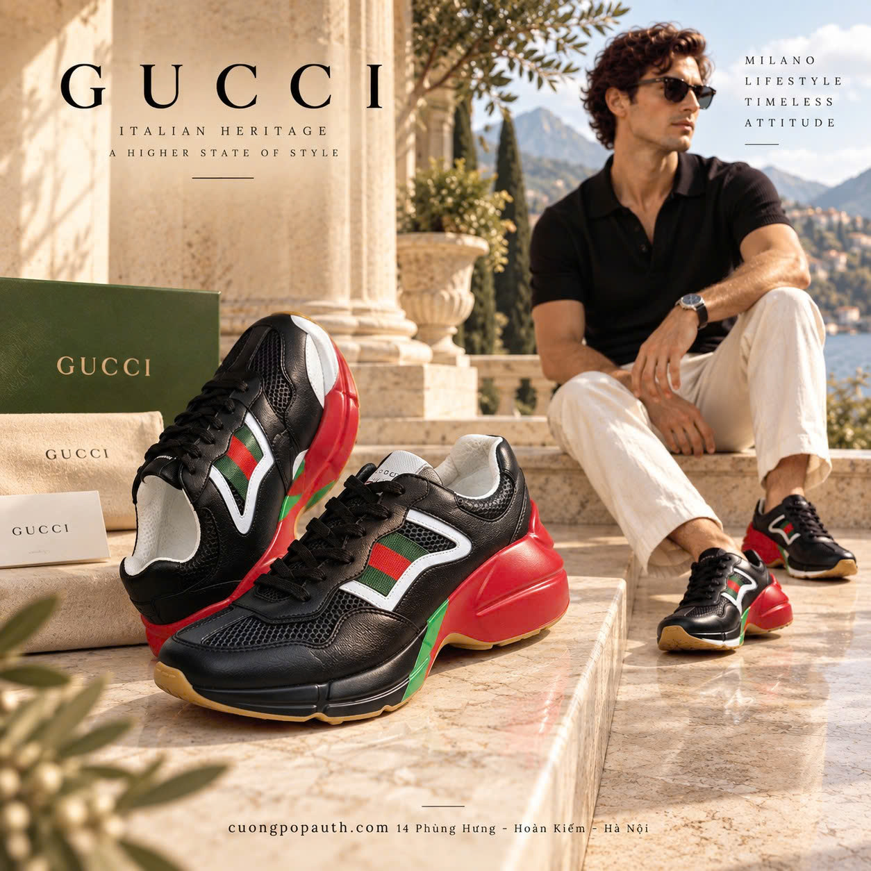 GIÀY SNEAKER GUCCI RHYSTON ĐEN VẠCH CỜ T15968