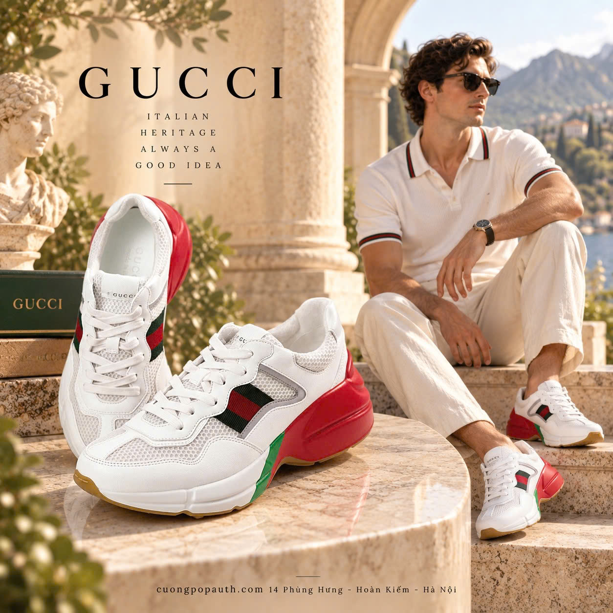 GIÀY SNEAKER GUCCI RHYSTON TRẮNG VẠCH CỜ T15912